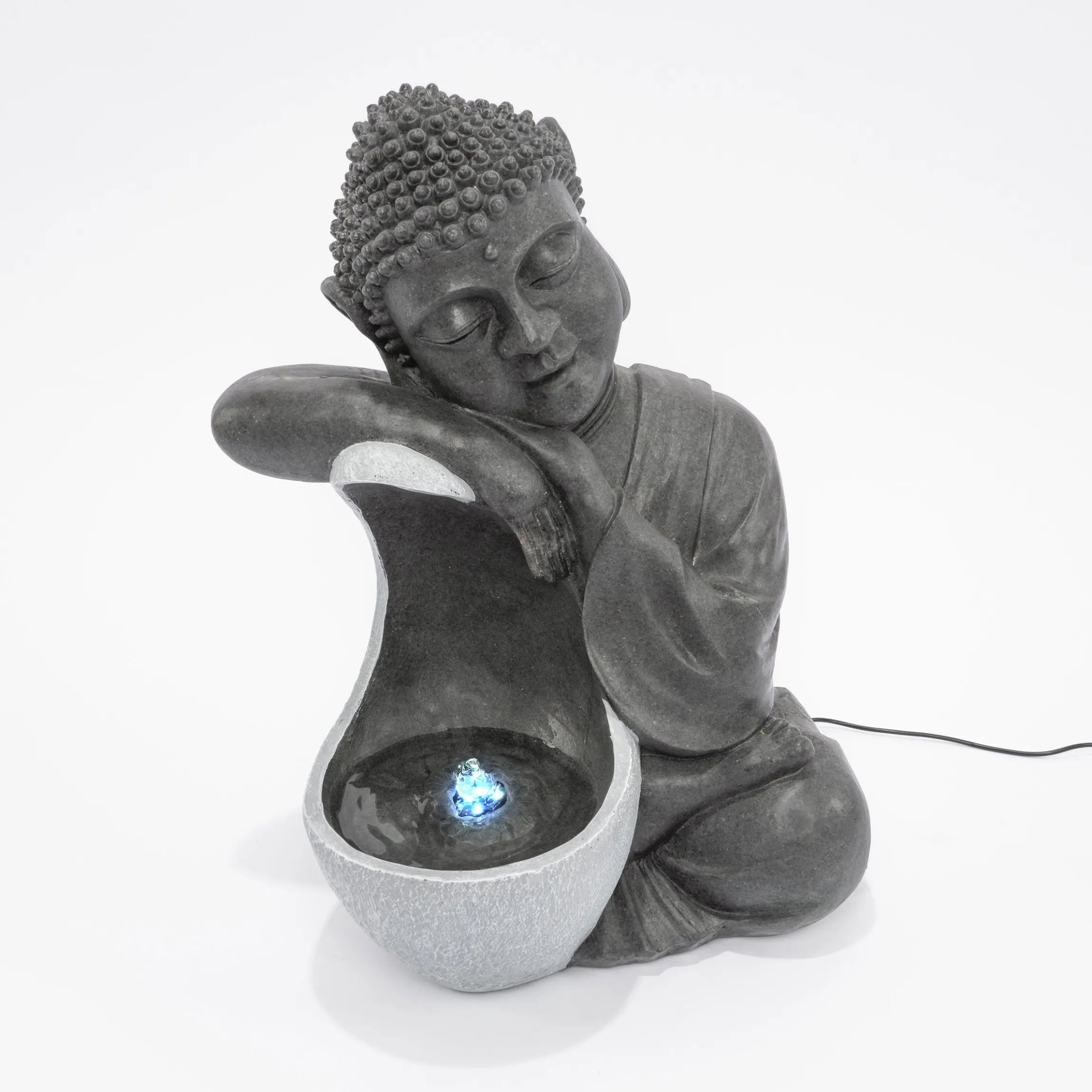 Solarbrunnen Buddha ruhend mit beleuchteter Wasserquelle