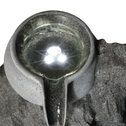 Solar Fels-Kaskadenbrunnen granitfarben mit LED-Beleuchtung