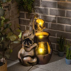 Solar Zierbrunnen Elefant am Tonkrug mit LED Licht